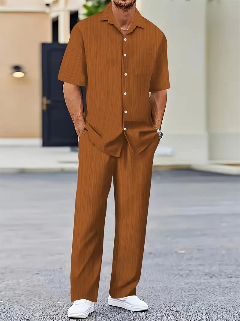 Men's Striped Short Sleeve Sweatsuit Set with Button Collar & Elastic Waist Pants
