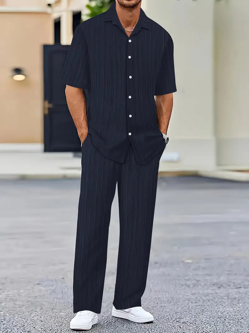 Men's Striped Short Sleeve Sweatsuit Set with Button Collar & Elastic Waist Pants