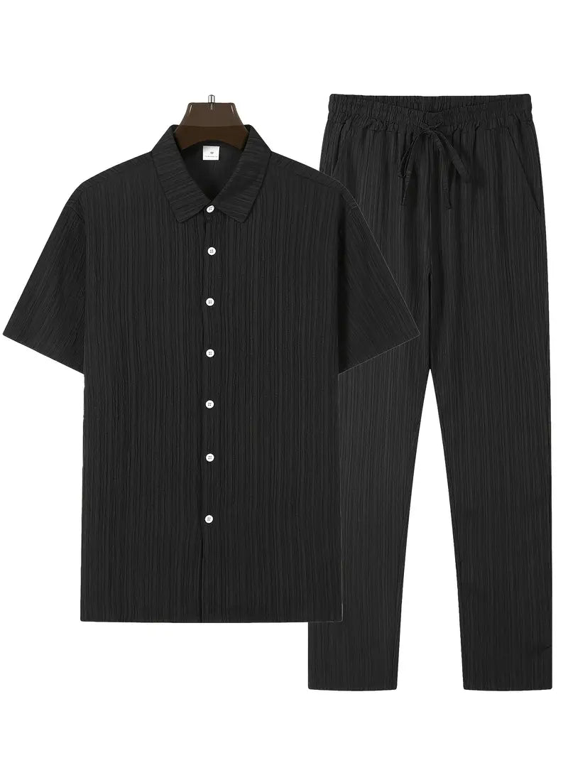 Men's Striped Short Sleeve Sweatsuit Set with Button Collar & Elastic Waist Pants