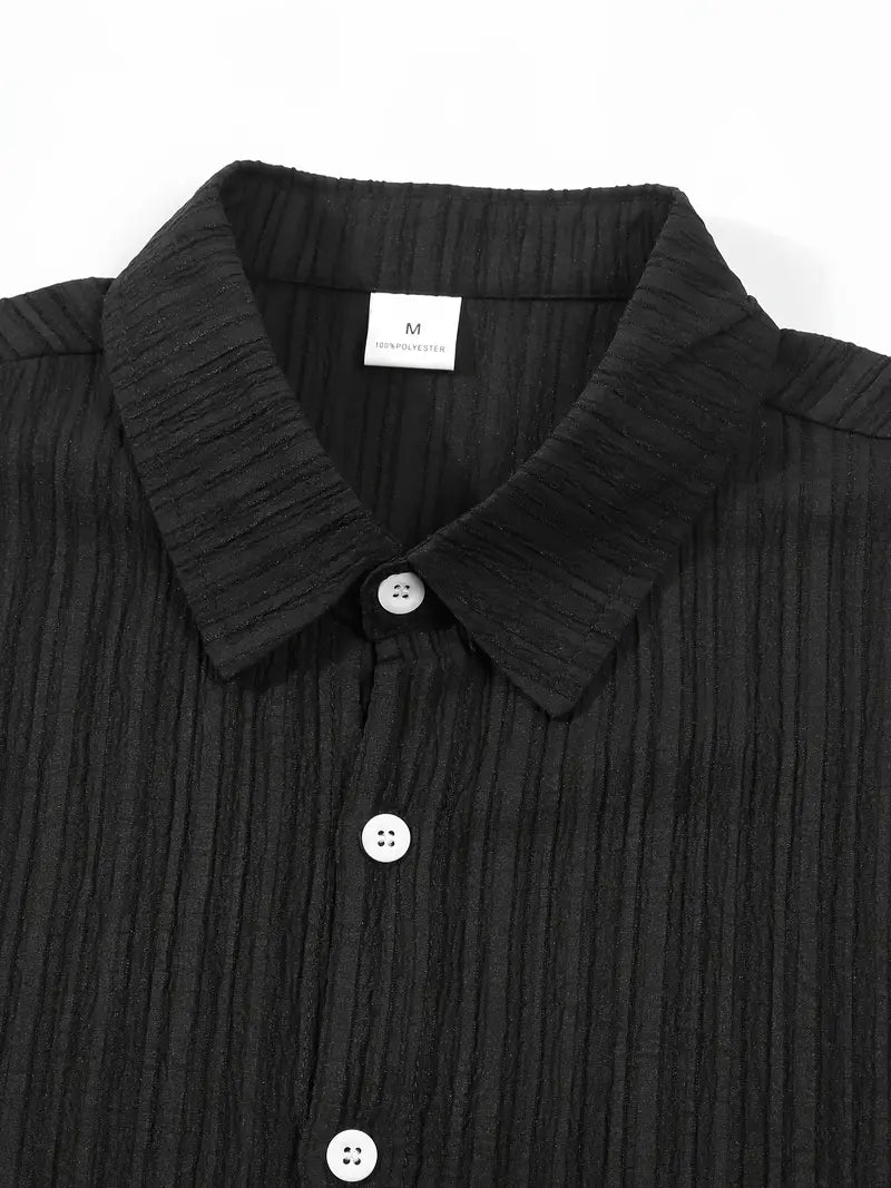 Men's Striped Short Sleeve Sweatsuit Set with Button Collar & Elastic Waist Pants