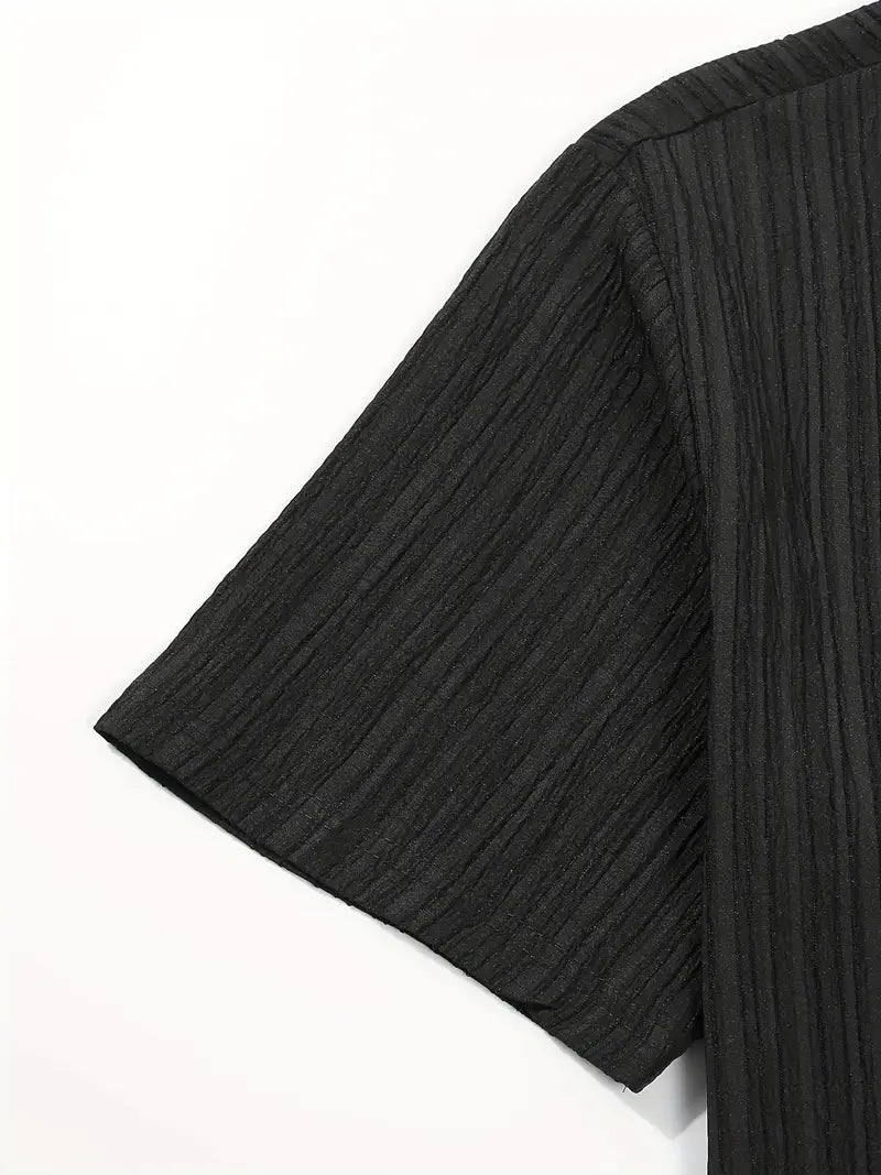 Men's Striped Short Sleeve Sweatsuit Set with Button Collar & Elastic Waist Pants