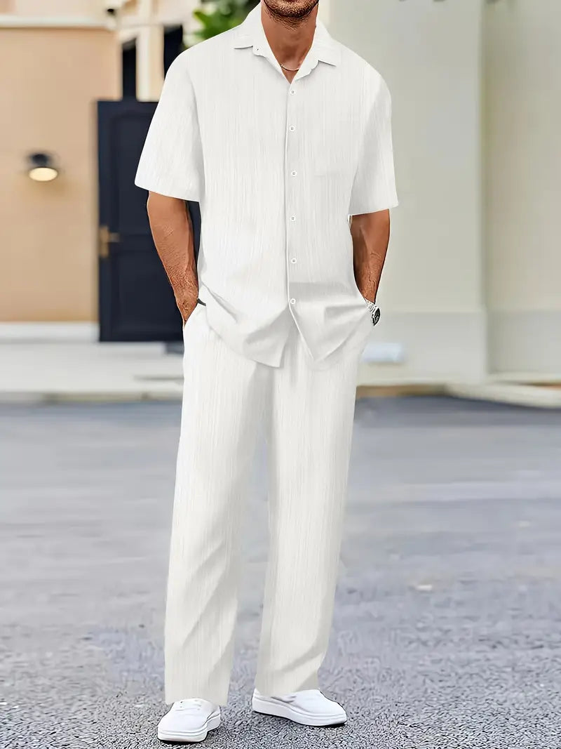 Men's Striped Short Sleeve Sweatsuit Set with Button Collar & Elastic Waist Pants