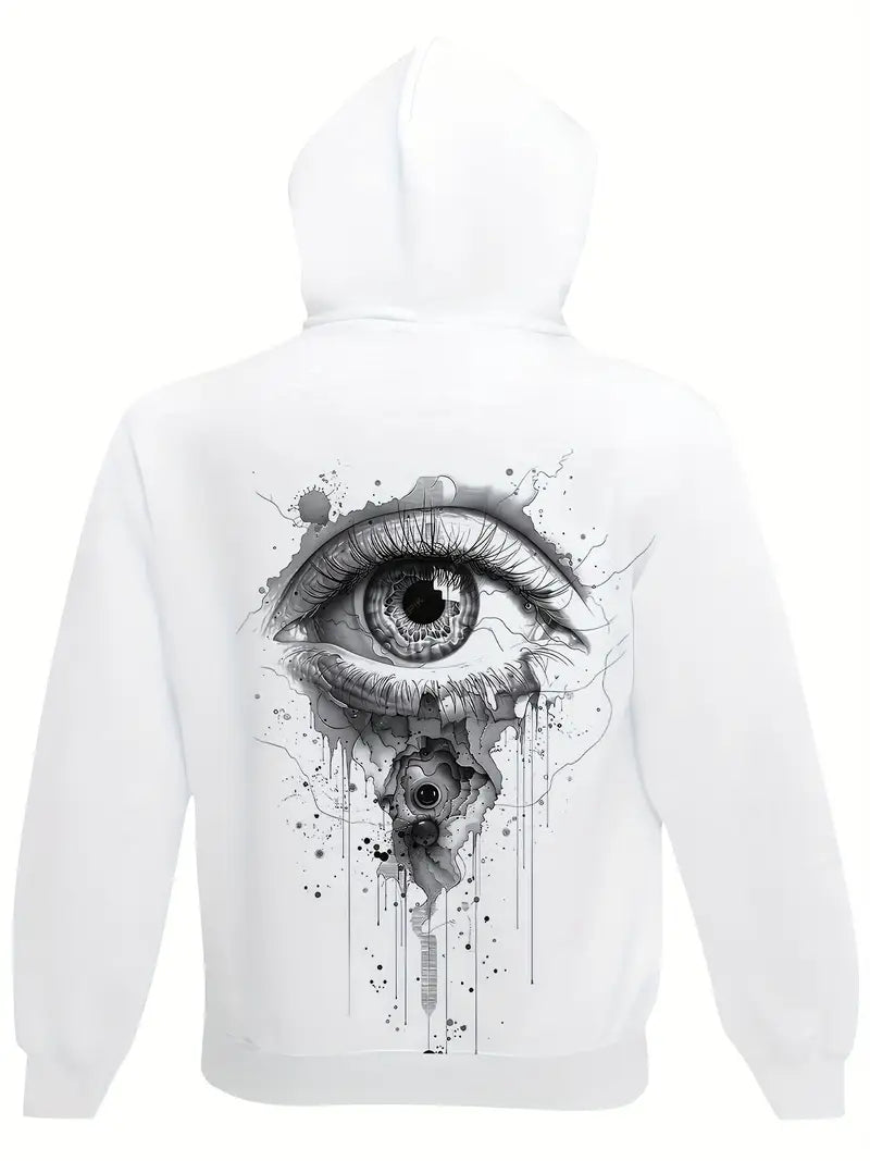 Men's Casual Hooded Sweatshirt - Graphic Eye Print, Polyester Blend, Slight Stretch, Regular Fit Pullover