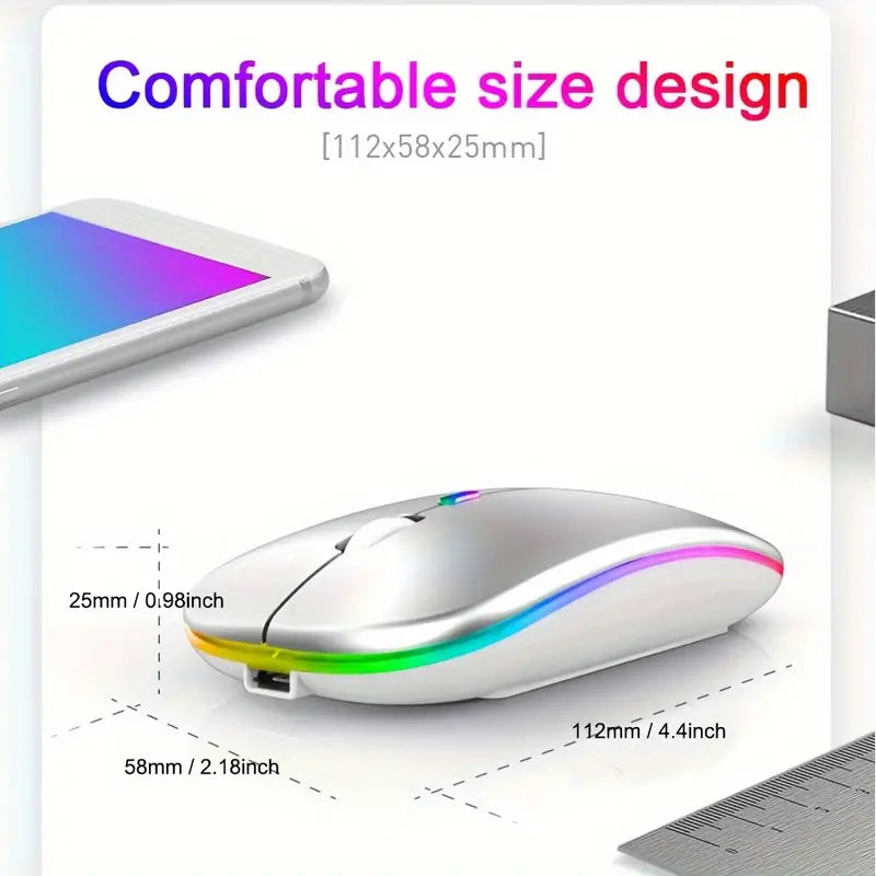 "Ergonomic Rechargeable Wireless Mouse with RGB Backlight, Mute Pause, and USB for PC & iPad"