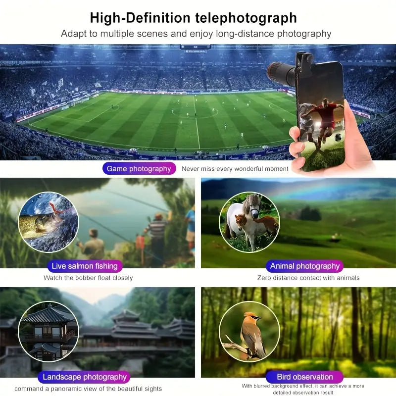 32X HD Optical Telephoto Lens for Smartphones, 4K Multi-Coated, Anti-Jitter, Universal Clip, Rubber Material