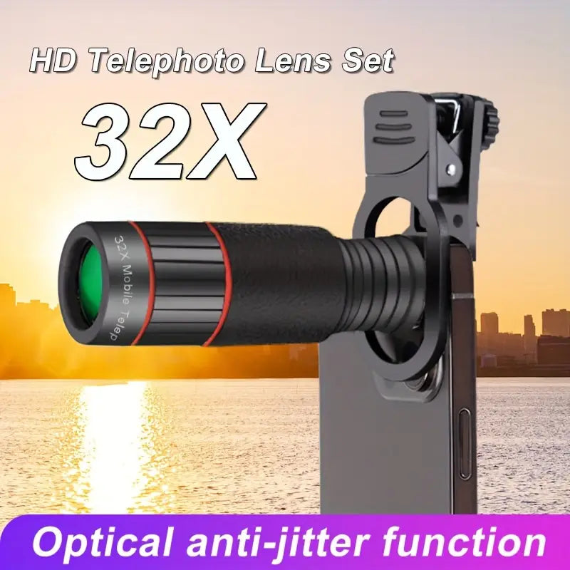 32X HD Optical Telephoto Lens for Smartphones, 4K Multi-Coated, Anti-Jitter, Universal Clip, Rubber Material