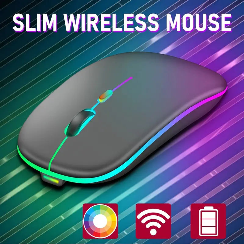 "Ergonomic Rechargeable Wireless Mouse with RGB Backlight, Mute Pause, and USB for PC & iPad"