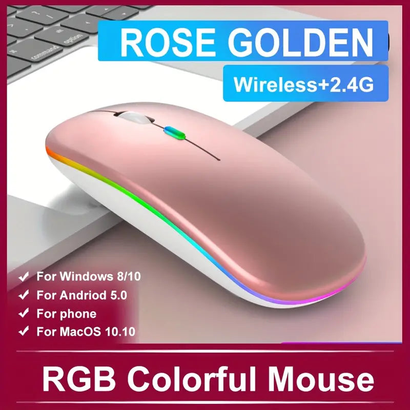 "Ergonomic Rechargeable Wireless Mouse with RGB Backlight, Mute Pause, and USB for PC & iPad"