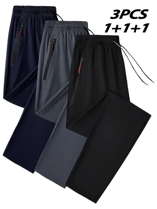 "3pcs Men's Quick-Dry Sports Pants with Drawstring - Lightweight Jogging Trousers, Outdoor Gift"