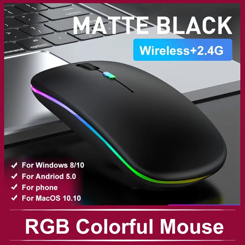 "Ergonomic Rechargeable Wireless Mouse with RGB Backlight, Mute Pause, and USB for PC & iPad"