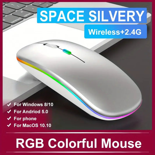 "Ergonomic Rechargeable Wireless Mouse with RGB Backlight, Mute Pause, and USB for PC & iPad"