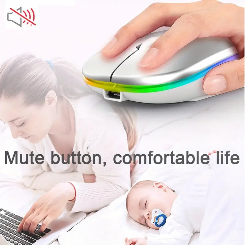 "Ergonomic Rechargeable Wireless Mouse with RGB Backlight, Mute Pause, and USB for PC & iPad"