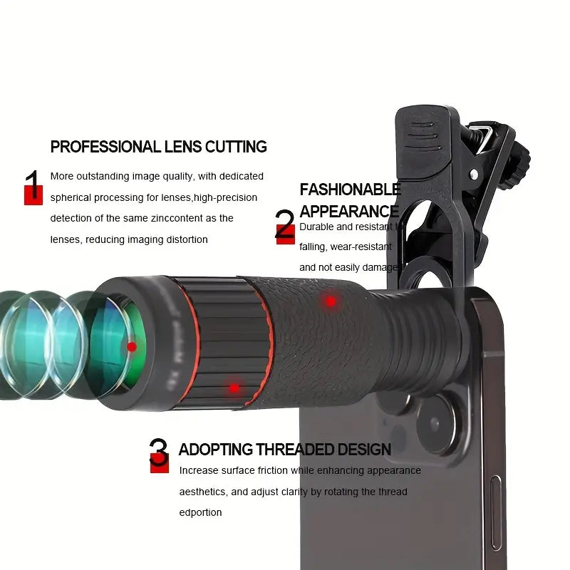 32X HD Optical Telephoto Lens for Smartphones, 4K Multi-Coated, Anti-Jitter, Universal Clip, Rubber Material