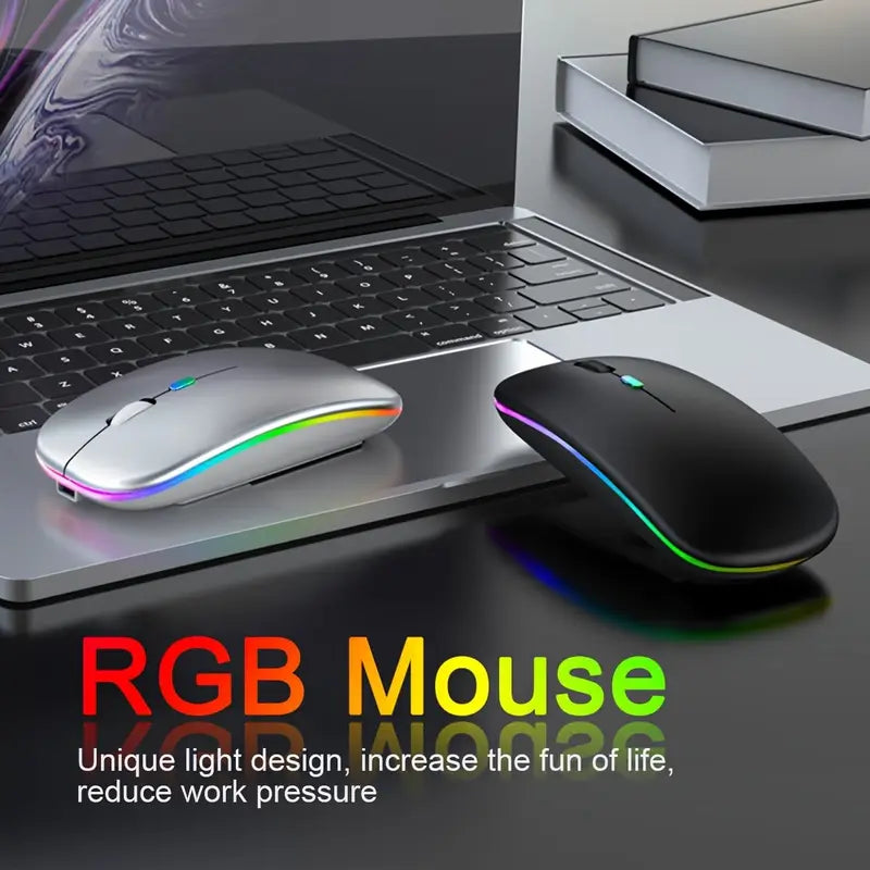 "Ergonomic Rechargeable Wireless Mouse with RGB Backlight, Mute Pause, and USB for PC & iPad"