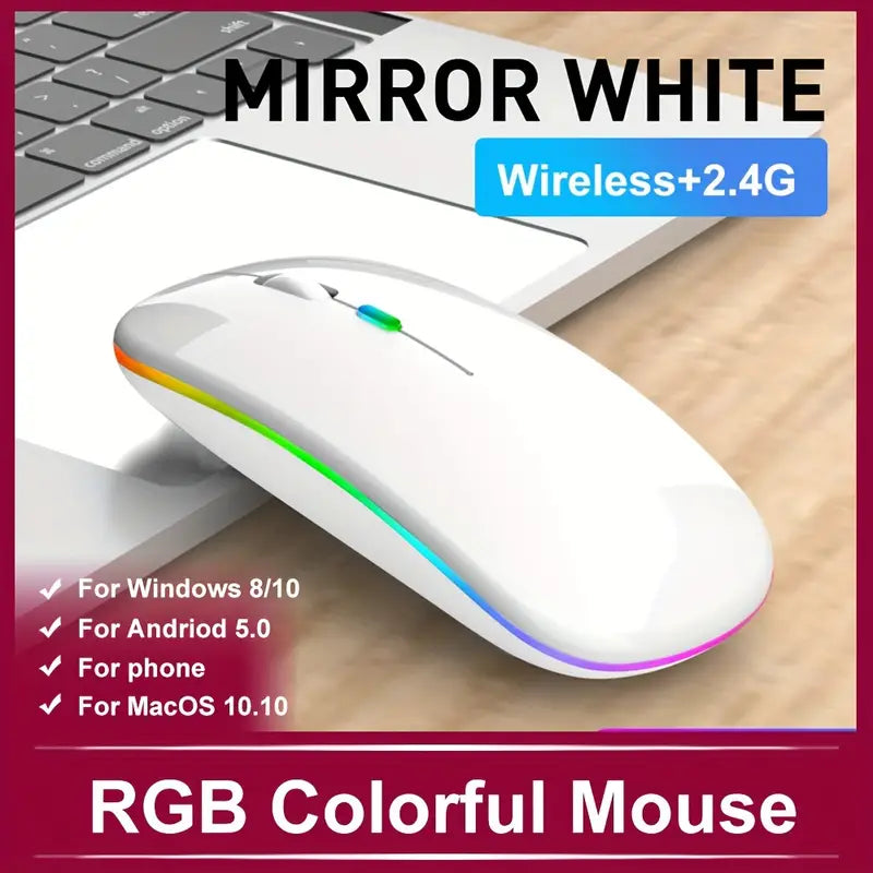 "Ergonomic Rechargeable Wireless Mouse with RGB Backlight, Mute Pause, and USB for PC & iPad"