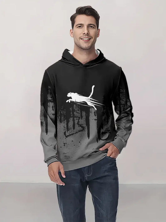 Men's Color Block Leopard Graphic Hoodie, Casual Long Sleeve Sweatshirt