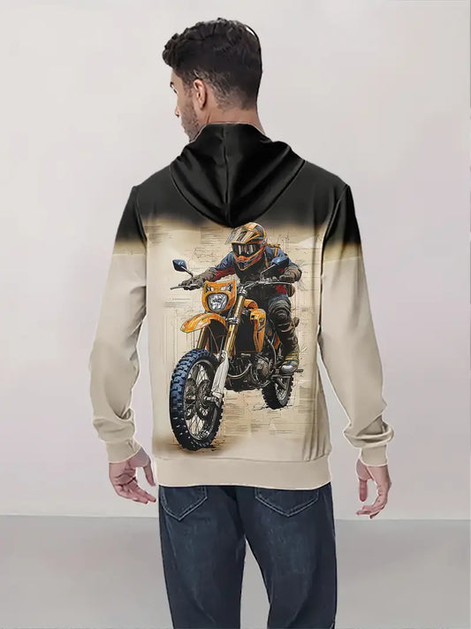 Men's Fashion Hoodie - Gradient Style, Motorcycle Boy Print, Casual Outdoor Comfort